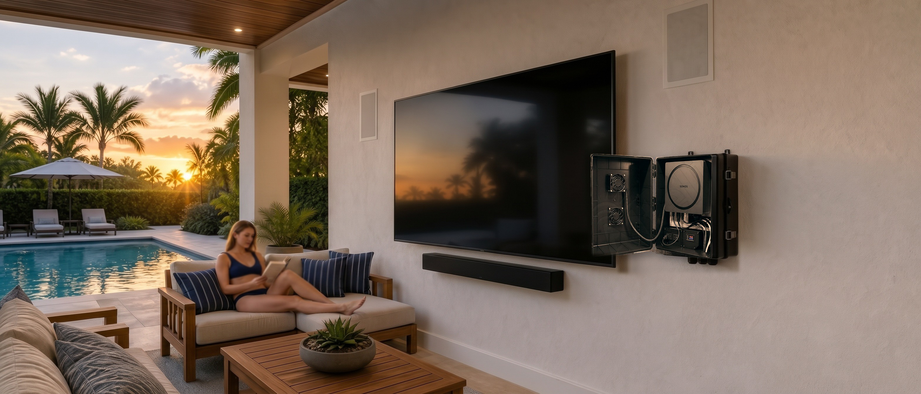 The same patio and guest, with the enclosure door open to show a Sonos Amp and fans