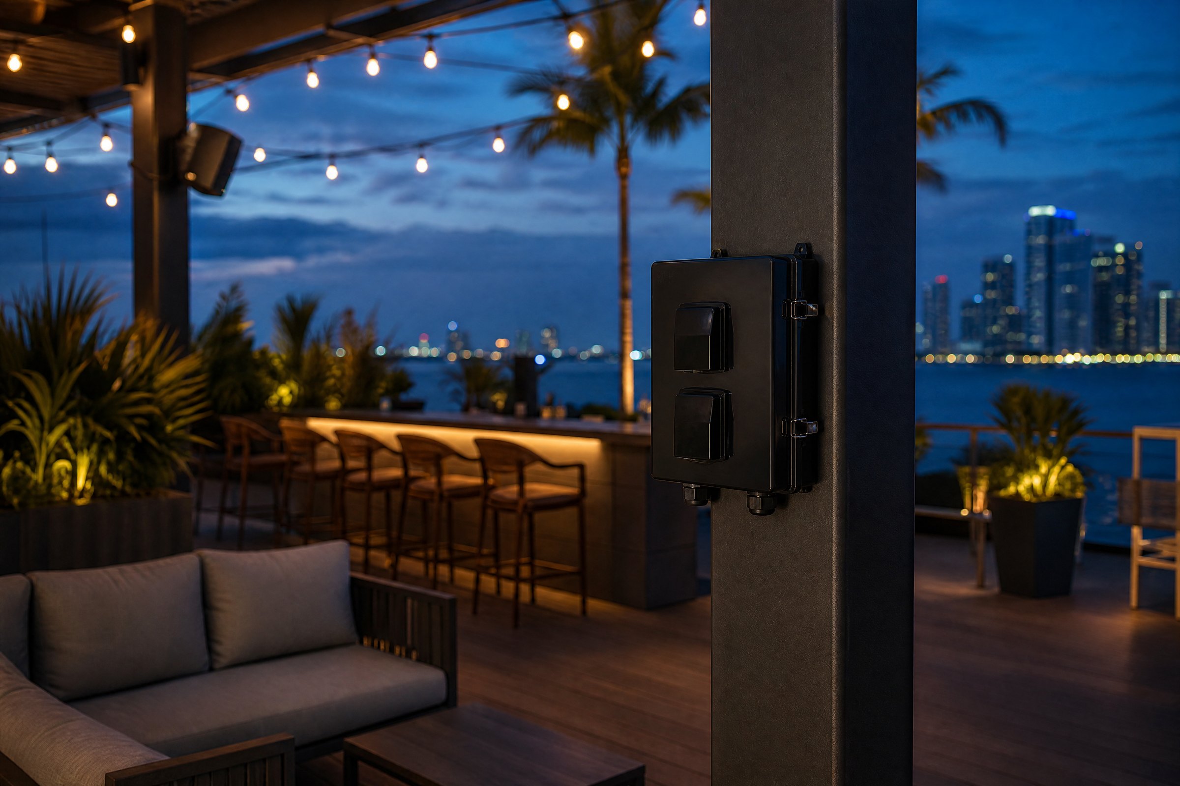 A rooftop bar at dusk with an Altelix enclosure on a steel column