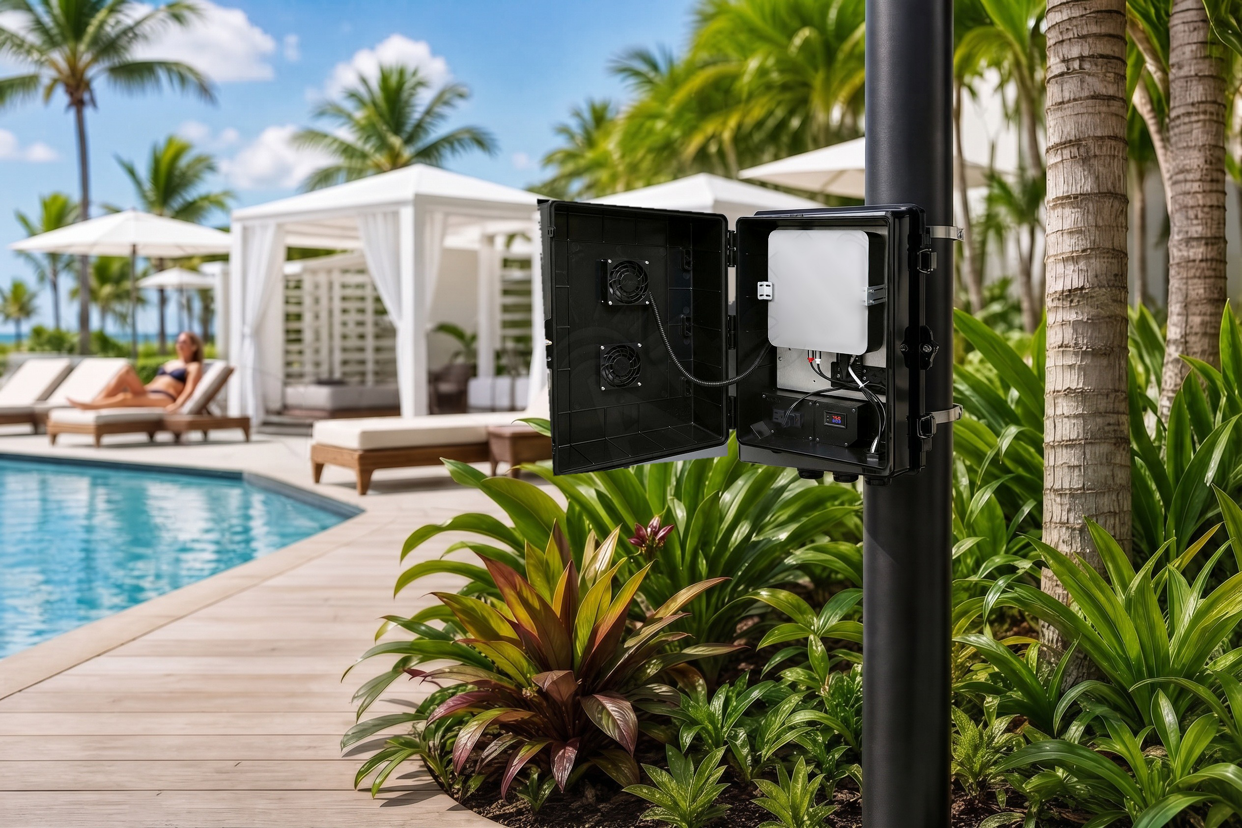 The same poolside scene and woman, with the enclosure door open to show AV equipment and fans