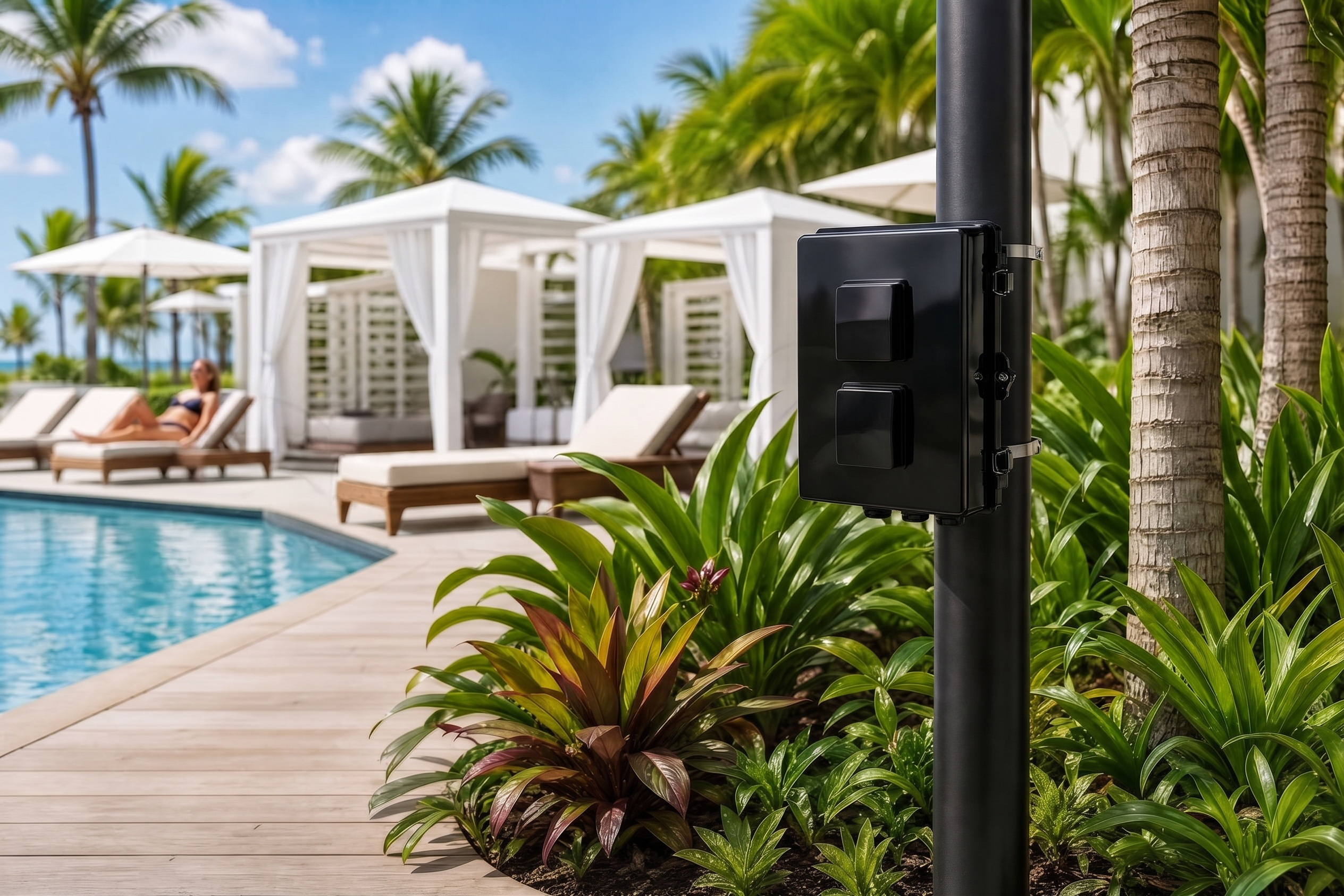 A woman relaxing on a chaise at a resort pool, with an Altelix pole-mounted enclosure nearby