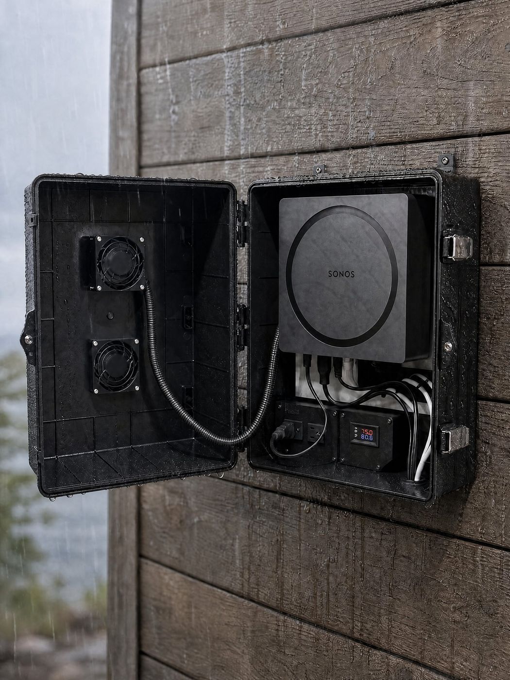 Black Altelix NP17 enclosure open in the rain on a teak wall, showing the Sonos Amp, two cooling fans, two power outlets and the digital temperature controller, all dry inside