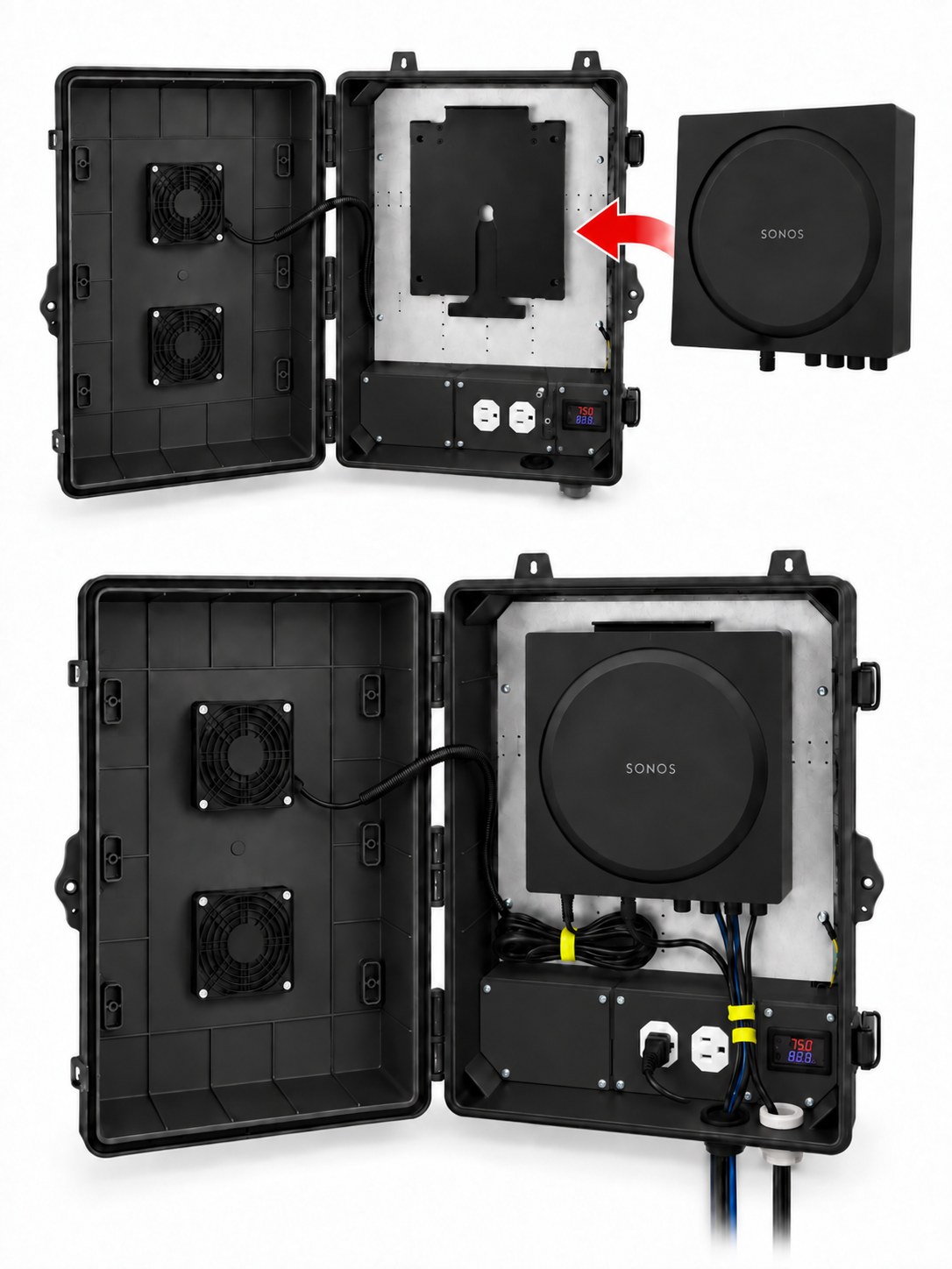 Sonos Amp installation sequence showing it mounted on the enclosure brackets and plugged into the internal outlet